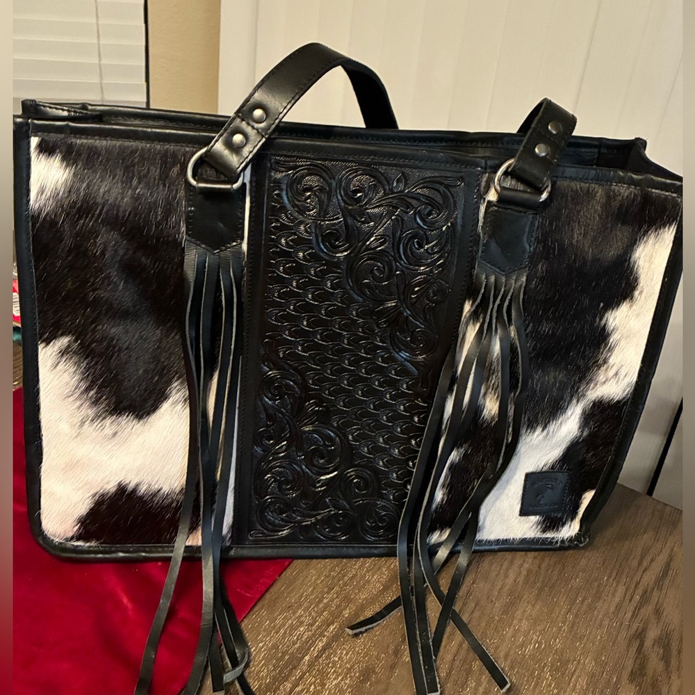 Rafter T Ranch Co.  Black Leather/cow hide hair Tote/laptop Bag